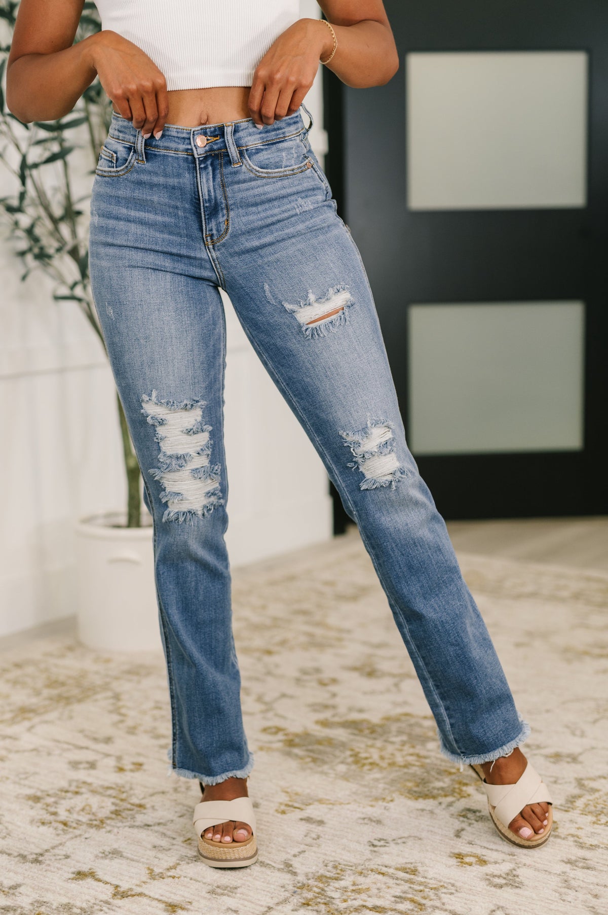 Maureen High Rise Distressed Bootcut Jeans